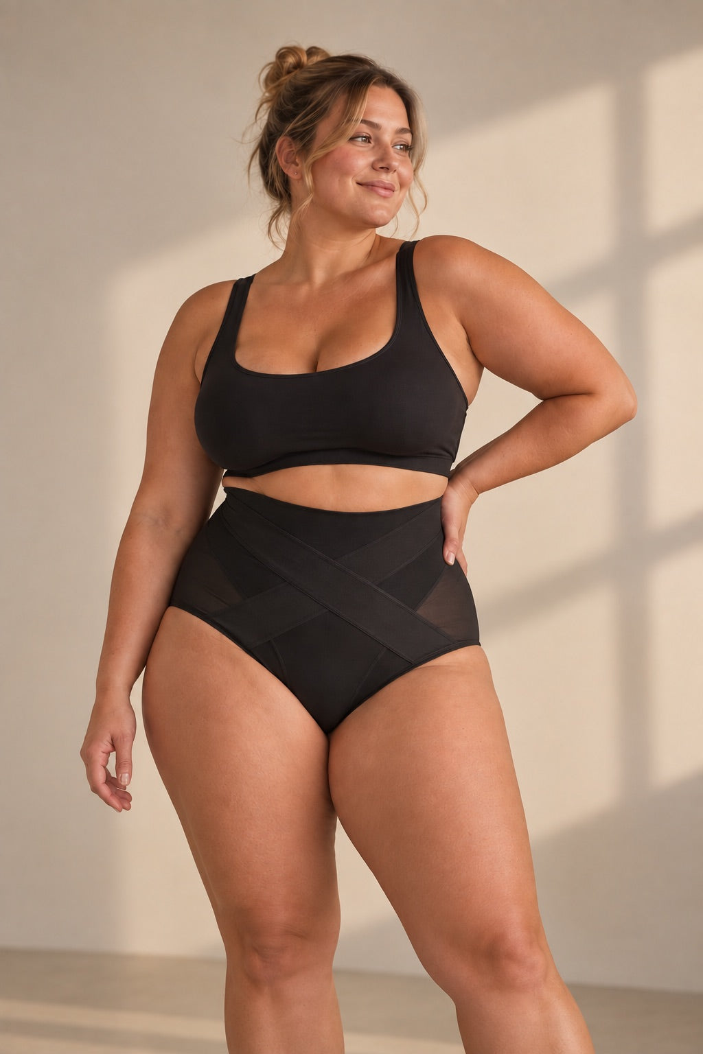 Woman wearing the black Auren Sculpt shaping brief with its cross-band construction