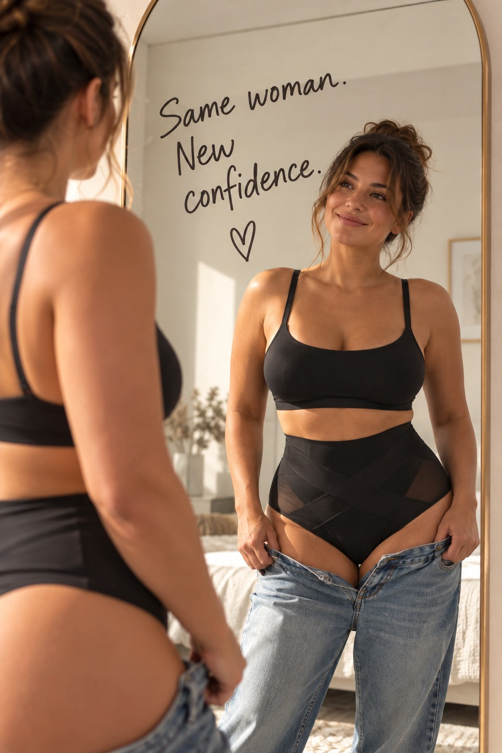 Woman in front of a mirror putting on jeans over her black Auren Sculpt brief